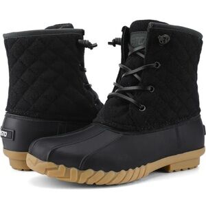 Black Quilted Lace-Up Boots with Tan Soles